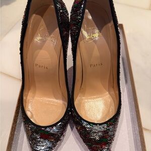 Christian Louboutin Sequin Pigalle Follies 100 Paillettes Heels Black Trim 37